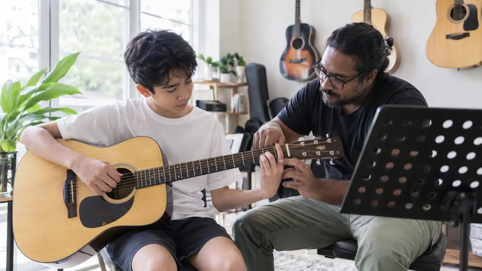 A teenage boy learning acoustic guitar with a teacher guiding his hand in a bright music room