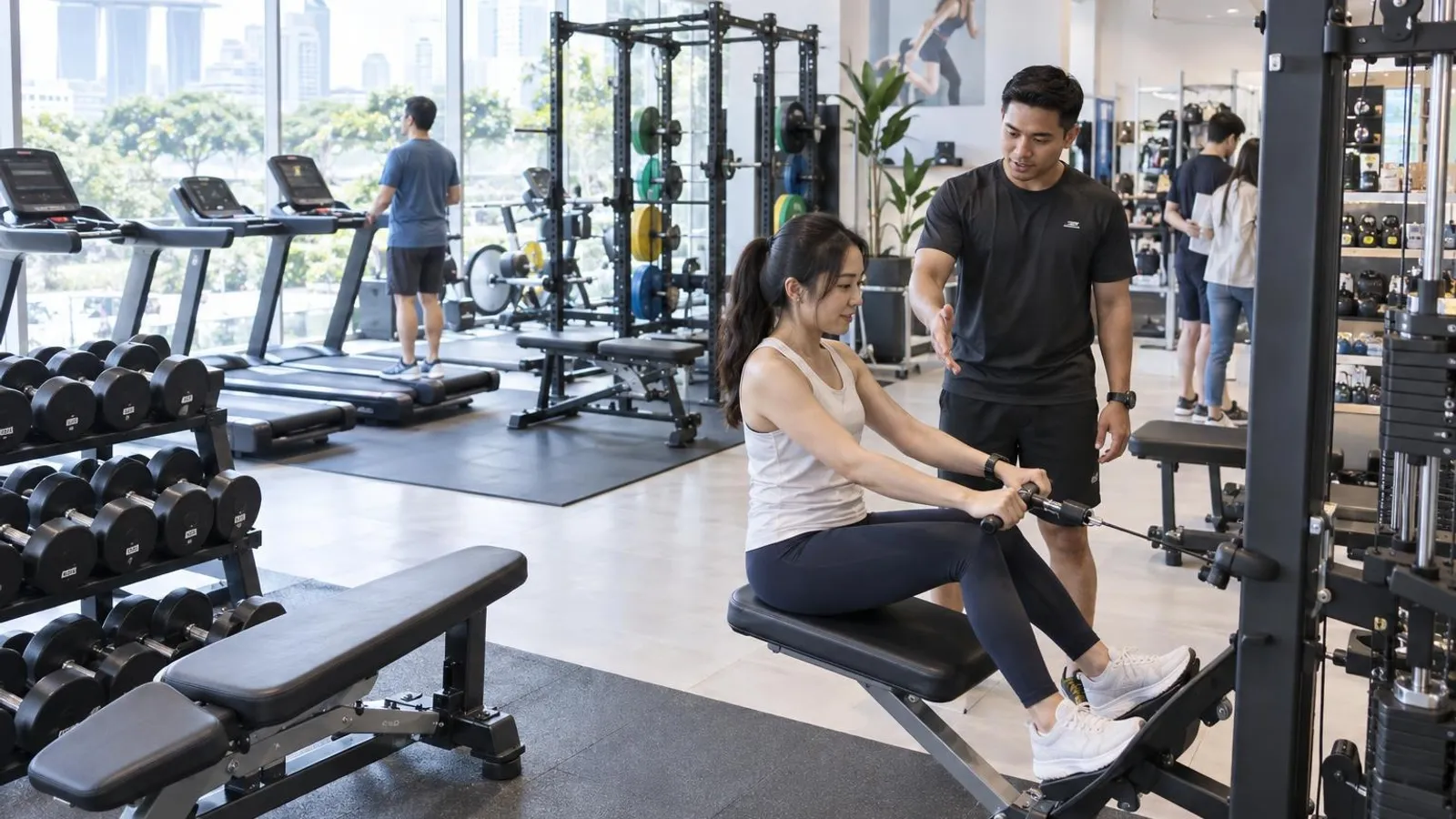 Treadmills, a power rack, dumbbells and weight benches neatly arranged in a bright, spacious modern Singapore home-gym equipment showroom