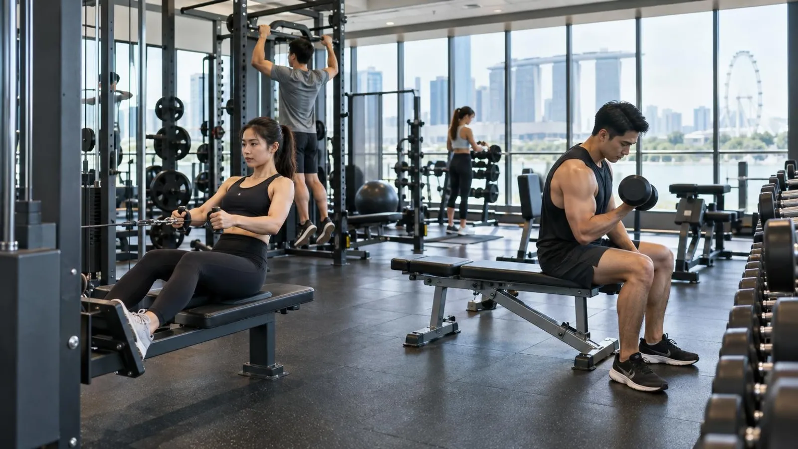 People training on strength machines and free weights in a bright modern Singapore gym