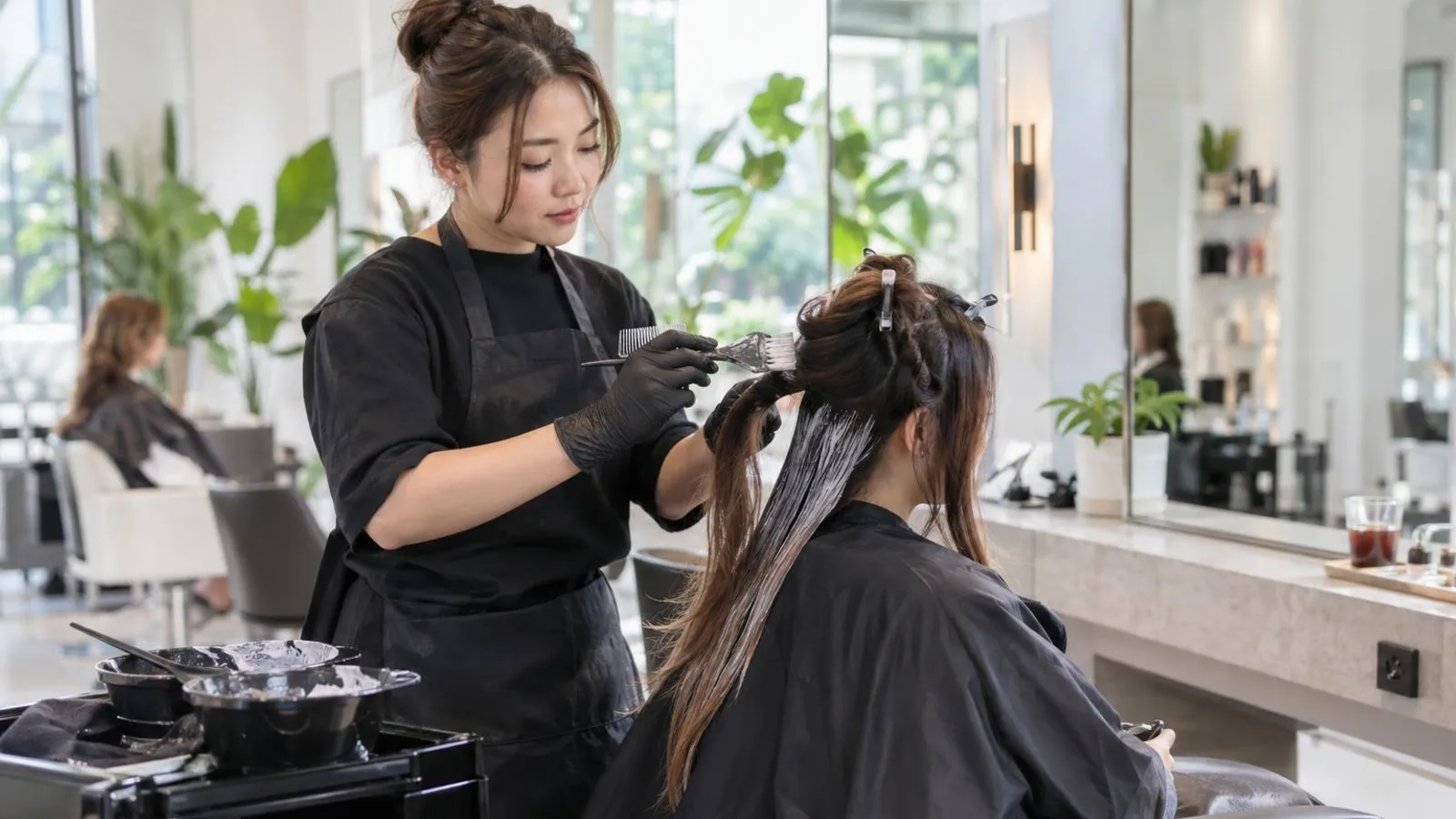 Hair Colouring Salons: a customer and a provider in a bright, modern setting