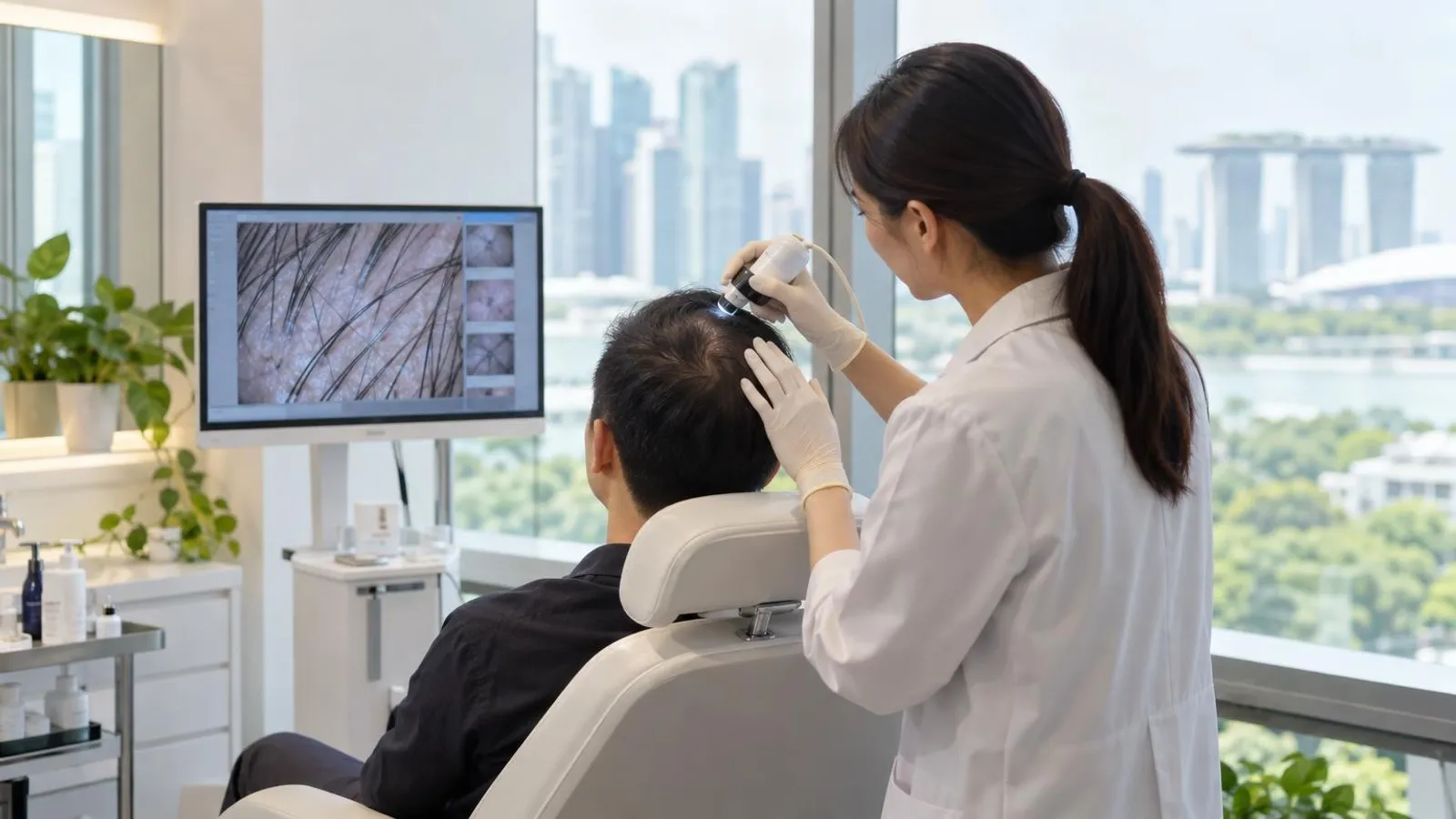 A bright modern hair-loss and scalp treatment clinic in Singapore with a scalp-analysis device