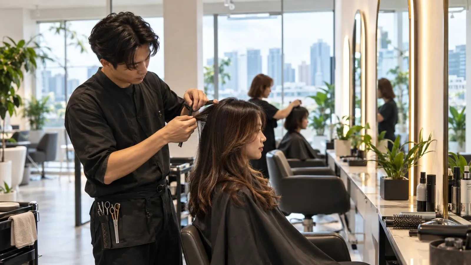 A hairstylist styling a client’s hair at a station in a bright modern Singapore hair salon