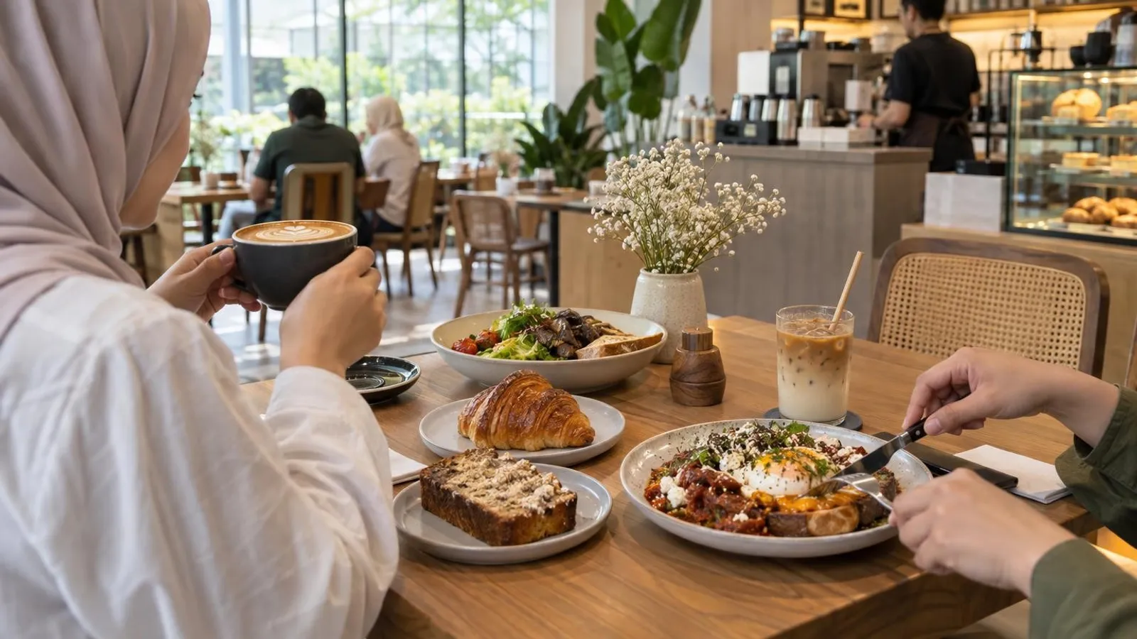 A bright halal cafe in Singapore with brunch plates, specialty coffee and pastries on a table