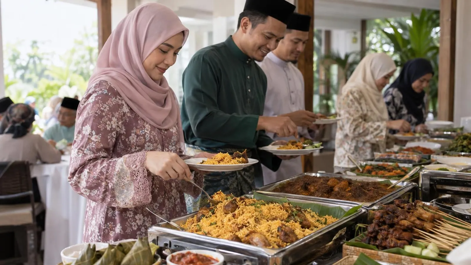A halal Malay catering buffet of briyani, rendang and satay at a Singapore gathering