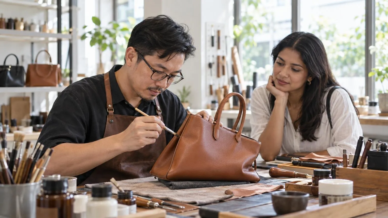 Handbag Repair and Spa Services: a customer and a provider in a bright, modern setting