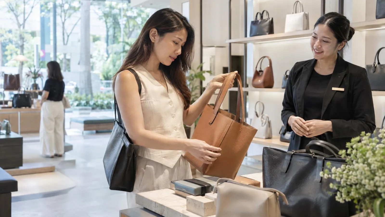 A woman examining a leather tote bag in a bright handbag boutique with a shop assistant