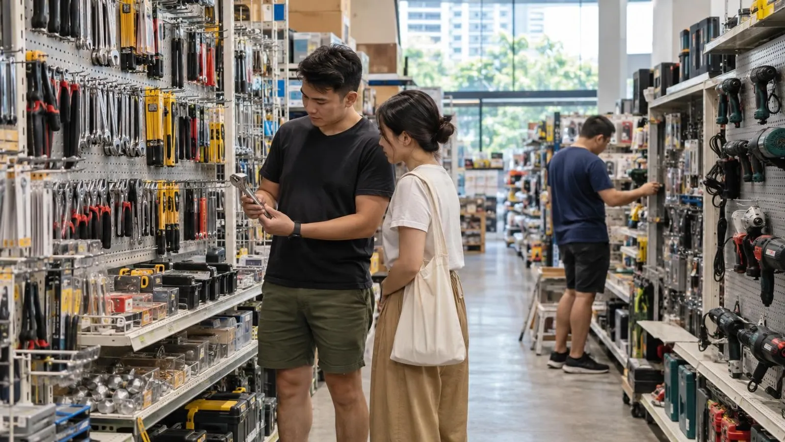 A Singapore hardware store aisle stocked with hand tools and power tools