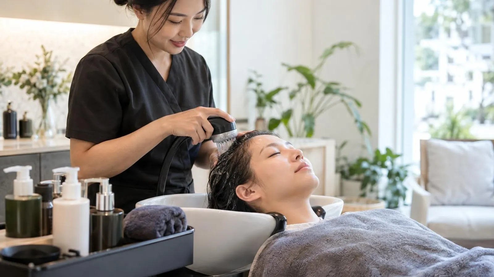 Head Spa and Scalp Treatment: a customer and a provider in a bright, modern setting