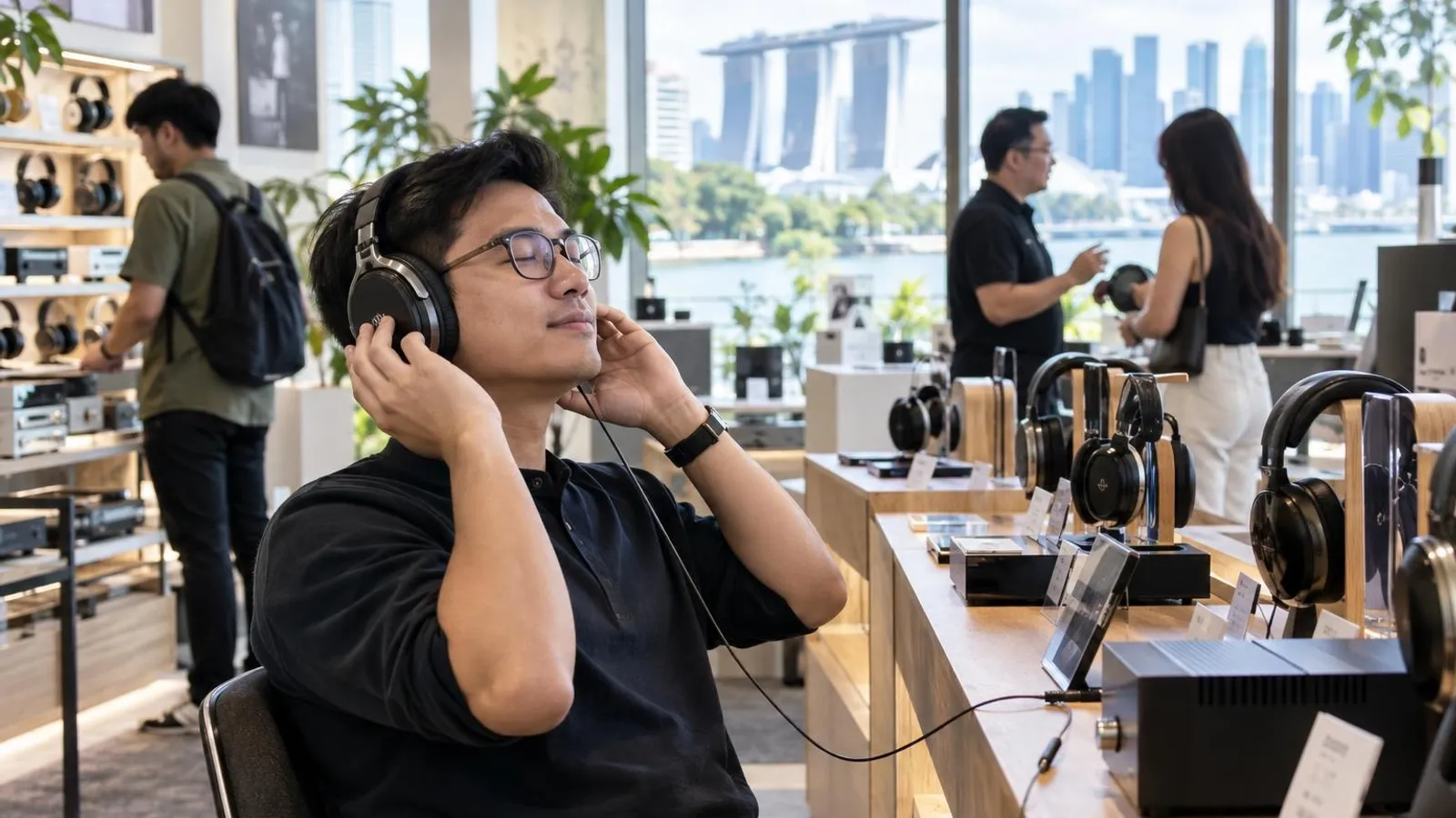 A customer trying on premium over-ear headphones at a listening station in a bright modern Singapore personal-audio shop