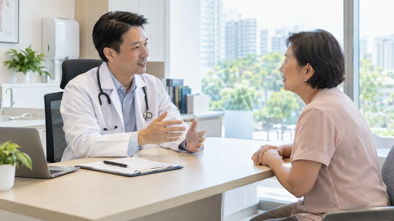 A doctor speaking with an older woman patient at a desk in a bright Singapore clinic