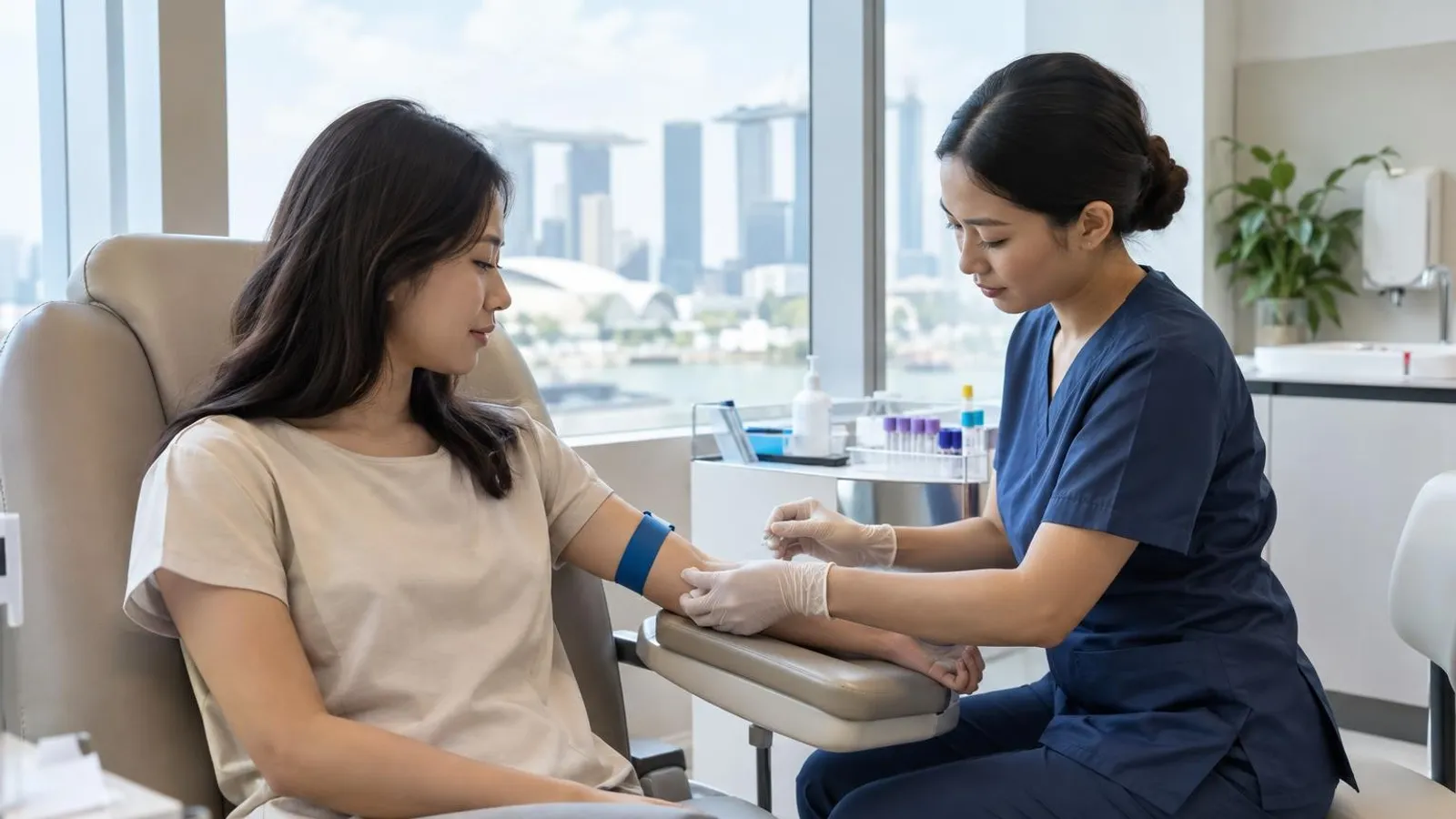 A nurse preparing a blood test during a health screening at a bright modern Singapore clinic