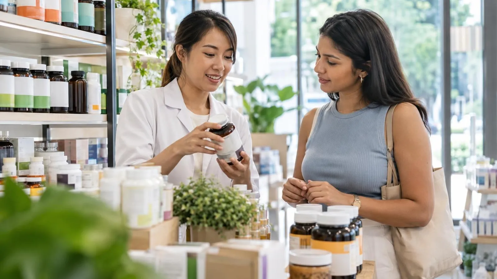 Health Supplement and Vitamin Shops: a customer and a provider in a bright, modern setting