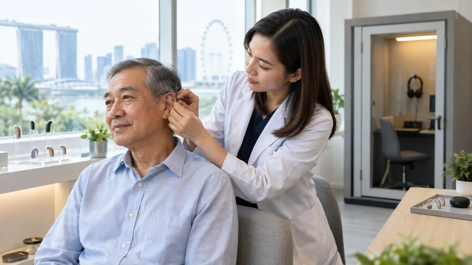 An audiologist fitting a hearing aid for a seated client at a modern Singapore hearing centre