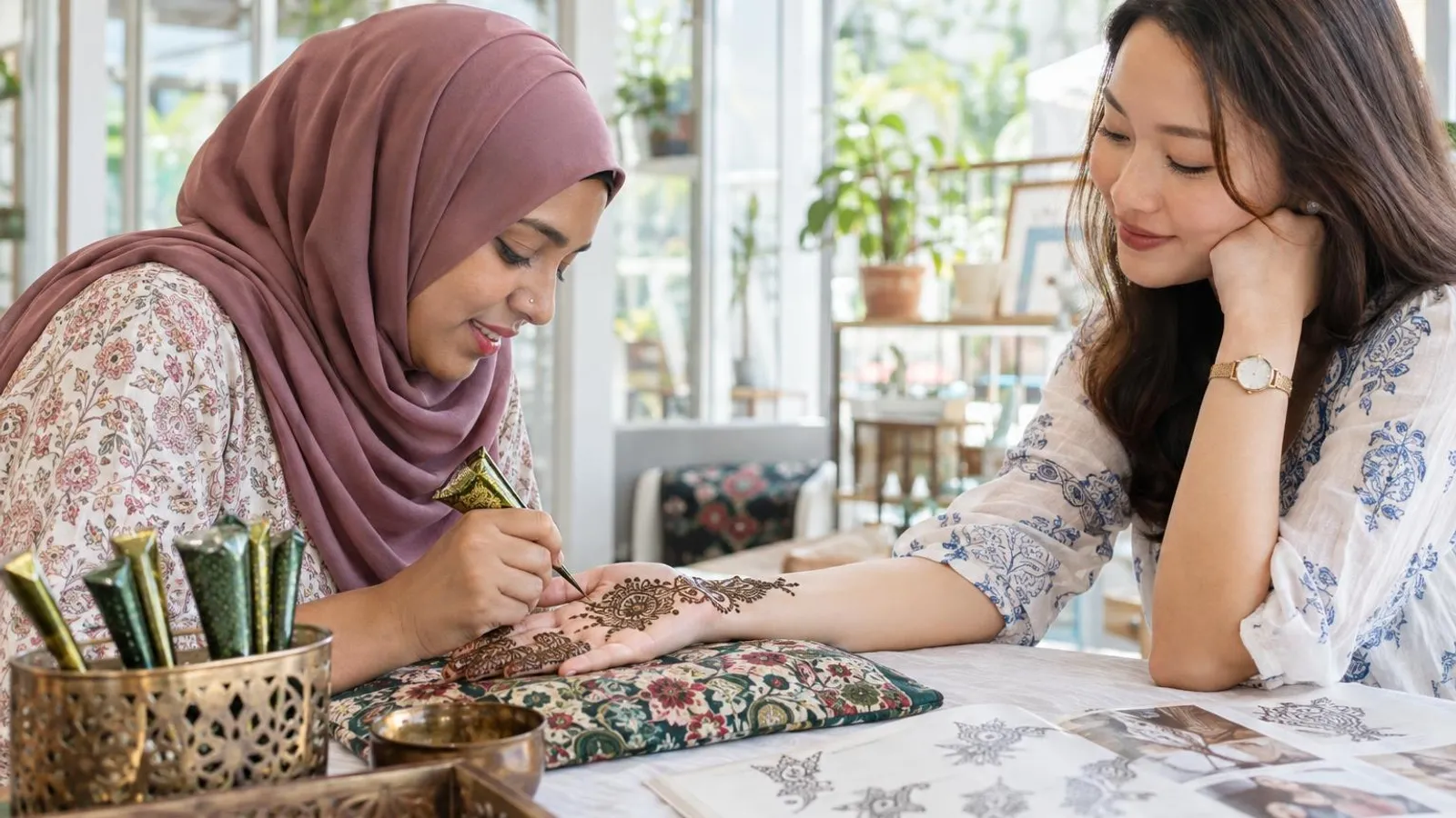 A henna artist drawing a mehndi design on a woman’s hand at a bright table