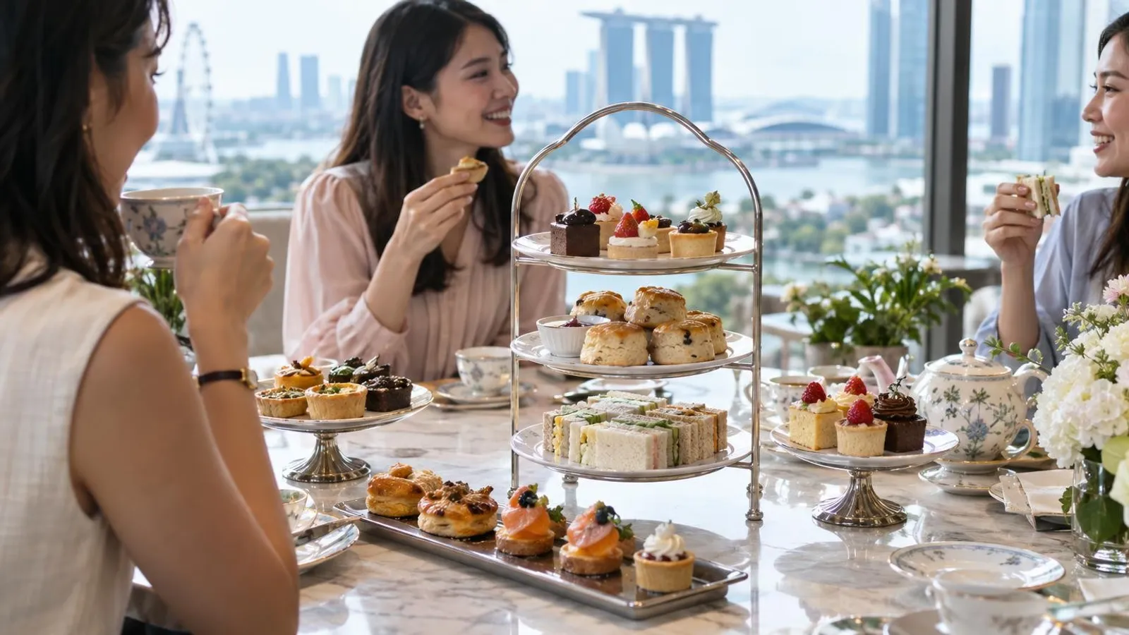A three-tier high tea catering stand of sandwiches, scones and pastries in Singapore