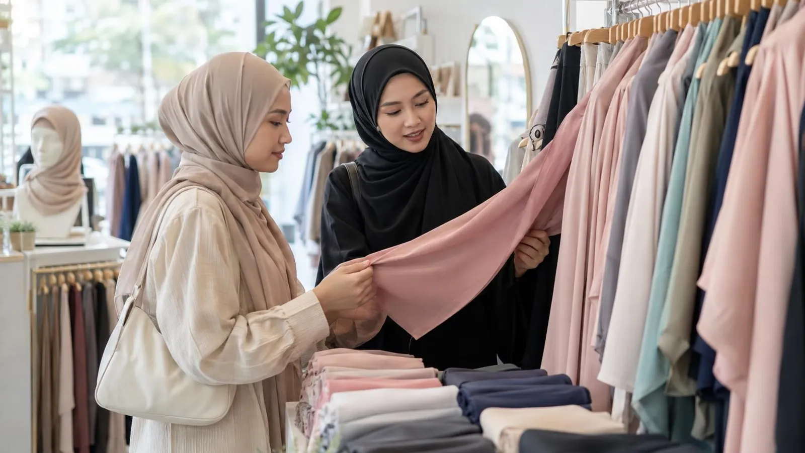Hijab and Tudung Shops: a customer and a provider in a bright, modern setting