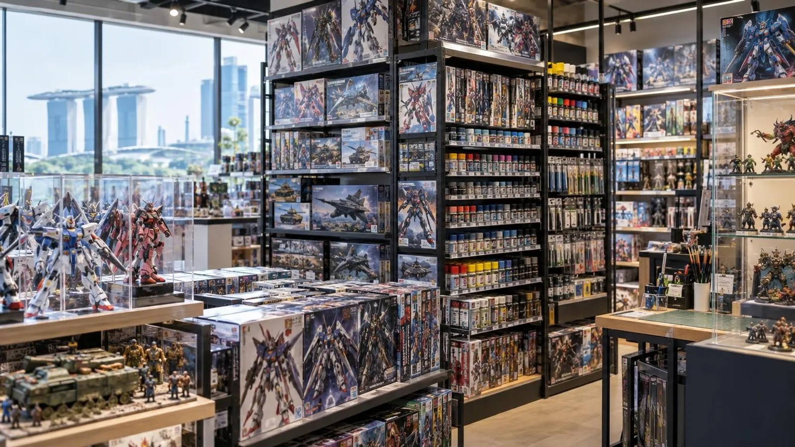 A hobby shop in Singapore packed with model kits, Gunpla and miniatures on colourful shelves