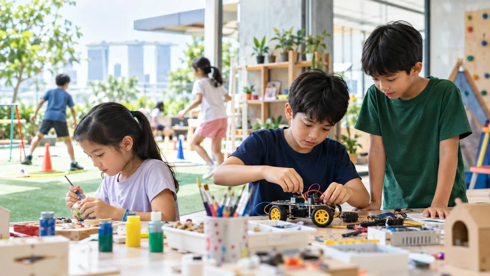 Children enjoying activities at a fun, bright school-holiday camp in Singapore