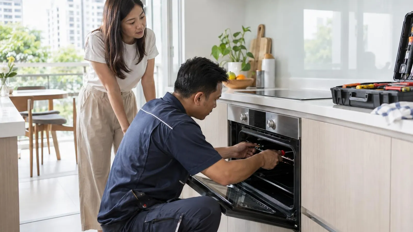 A technician repairing a built-in oven in a bright modern kitchen with a toolkit open on the counter