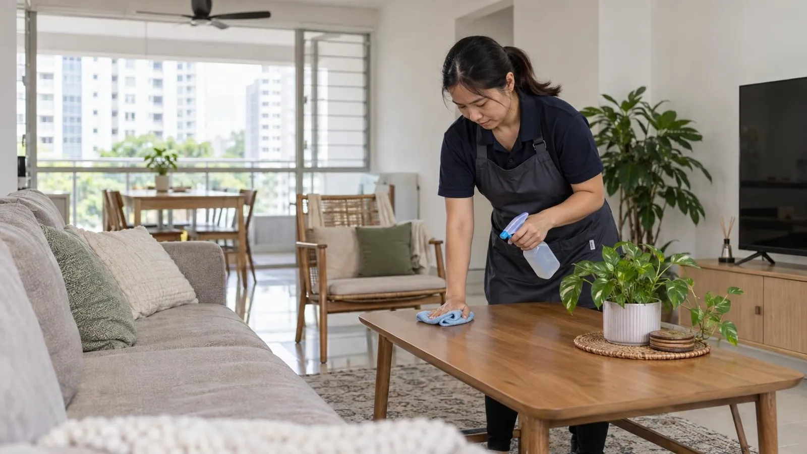 A professional home cleaner wiping a coffee table in a bright, tidy HDB living room