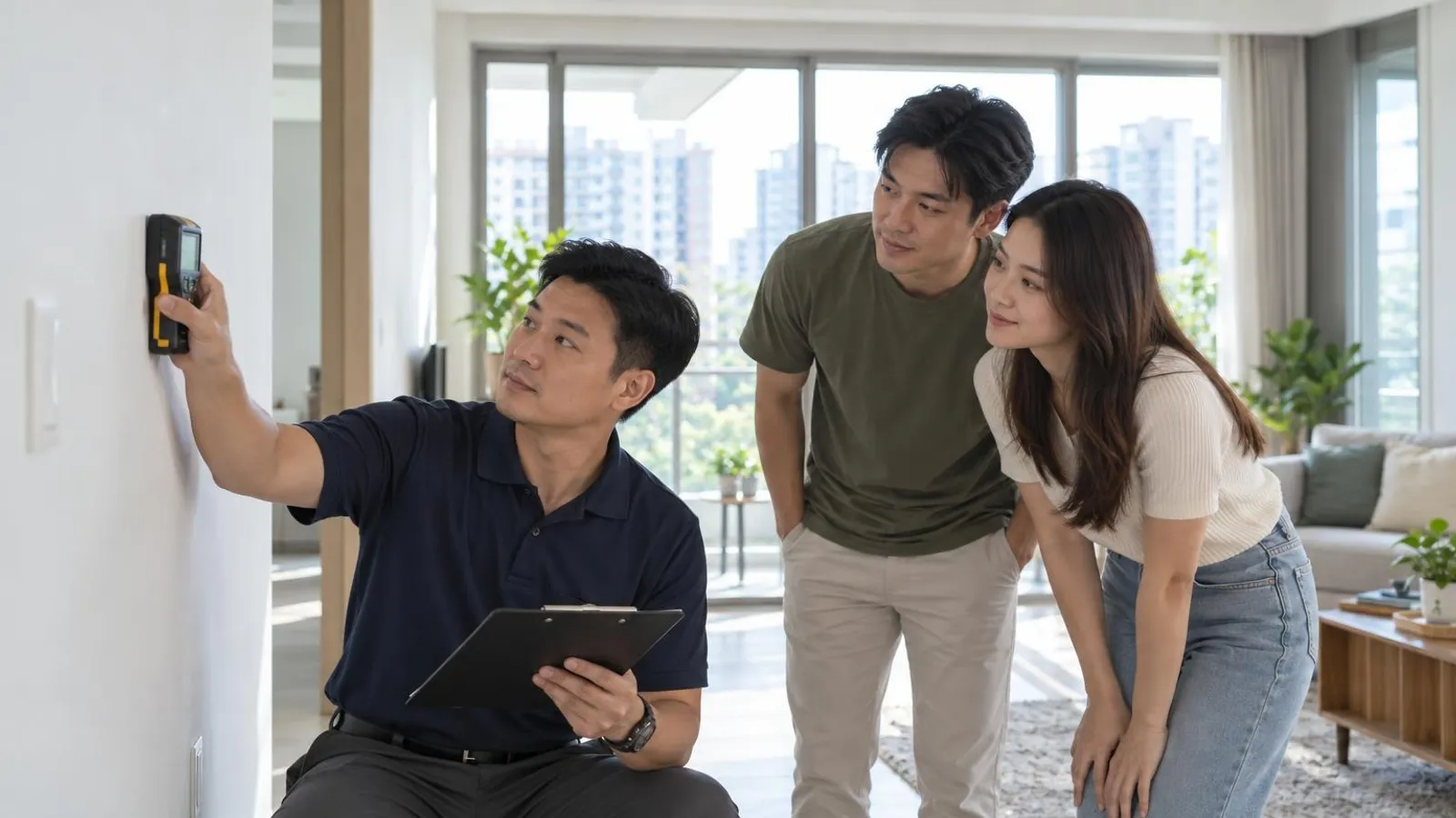 A home inspector checking a wall with a moisture meter in a bright newly-handed-over Singapore condo