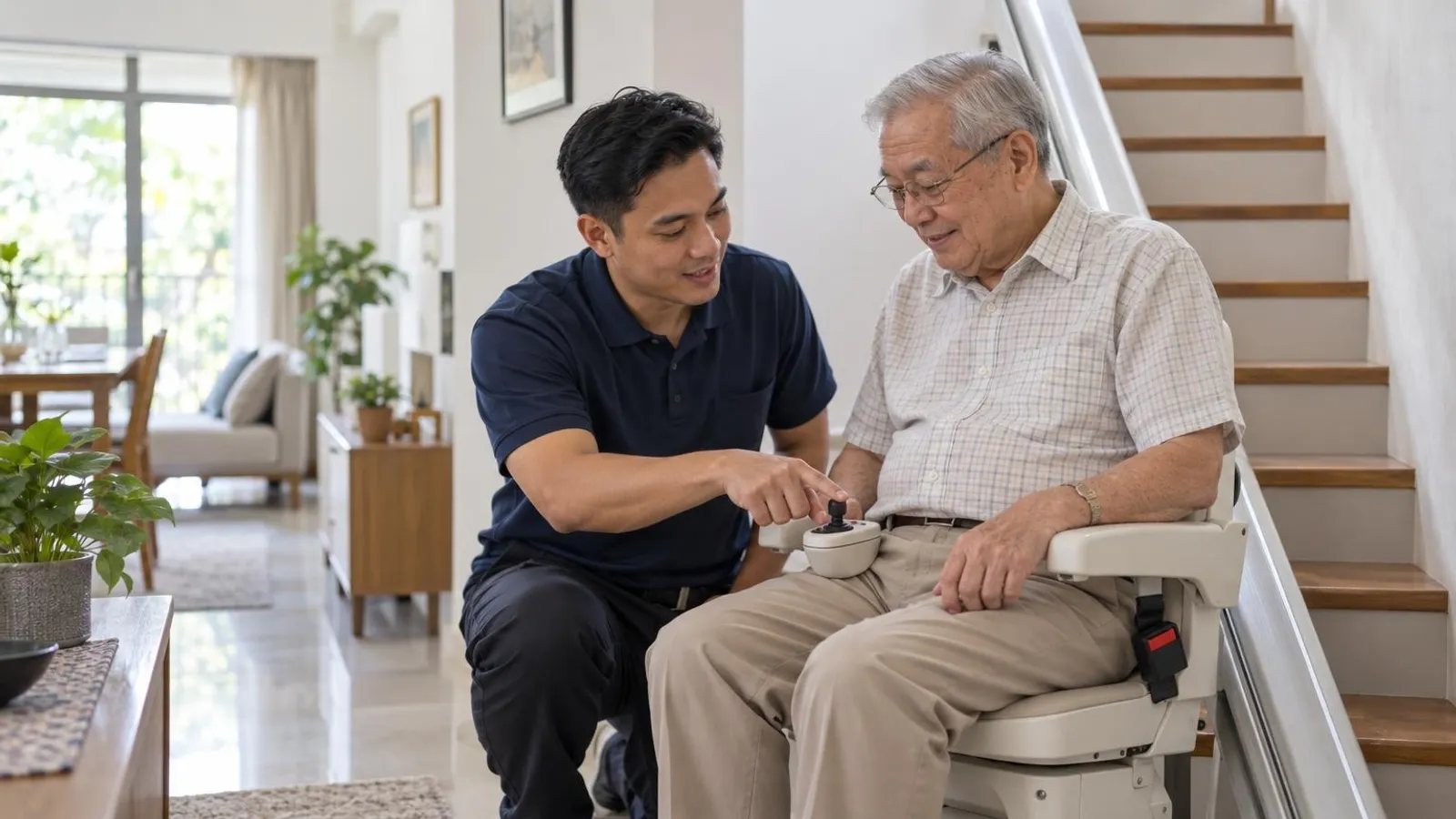 Home Lift and Stairlift Installers: a customer and a provider in a bright, modern setting