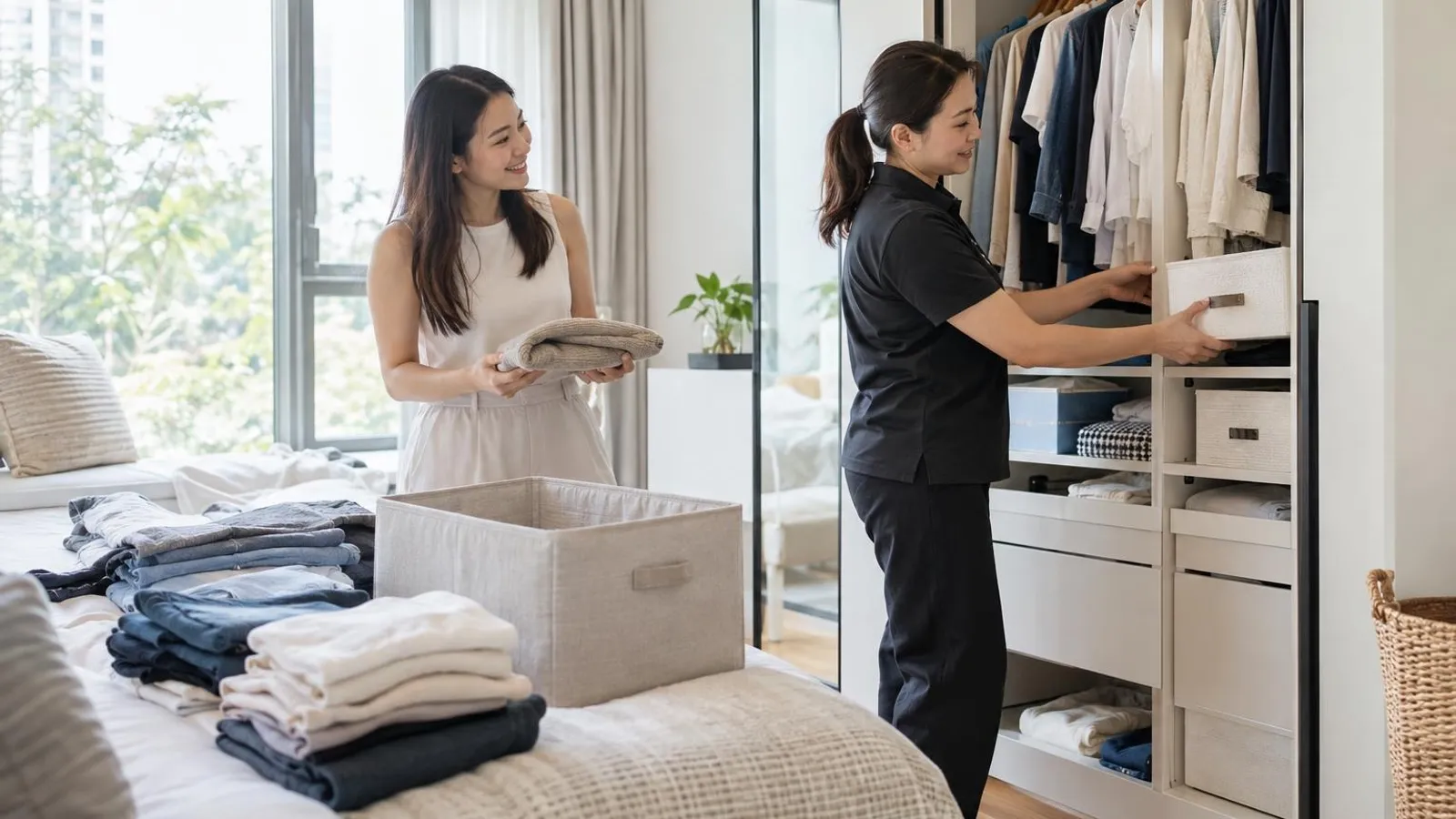 Professional Home Organising and Decluttering Services: a customer and a provider in a bright, modern setting