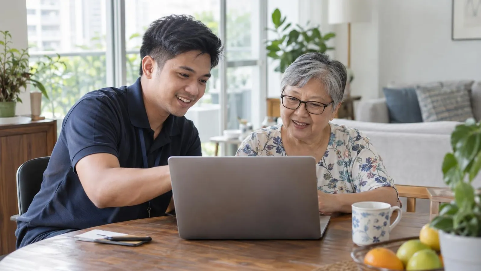 A friendly technician helping an older homeowner with a laptop at a bright living-room table