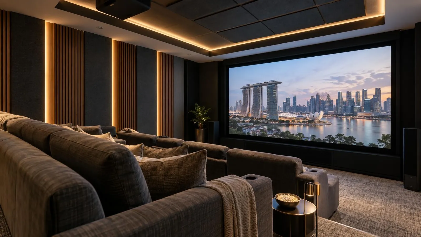 A sleek modern home cinema room in Singapore with a large screen, tiered seating and acoustic panels