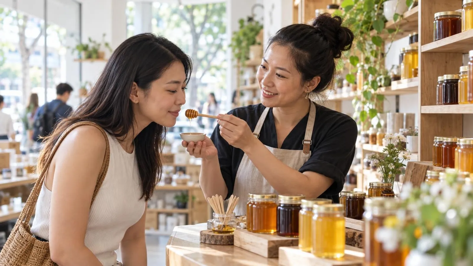 Honey Shops: a customer and a provider in a bright, modern setting