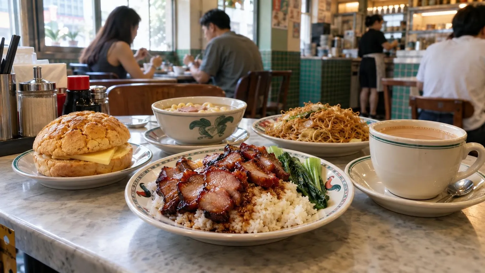 A Hong Kong cha chaan teng spread in Singapore with char siew rice, milk tea and a pineapple bun