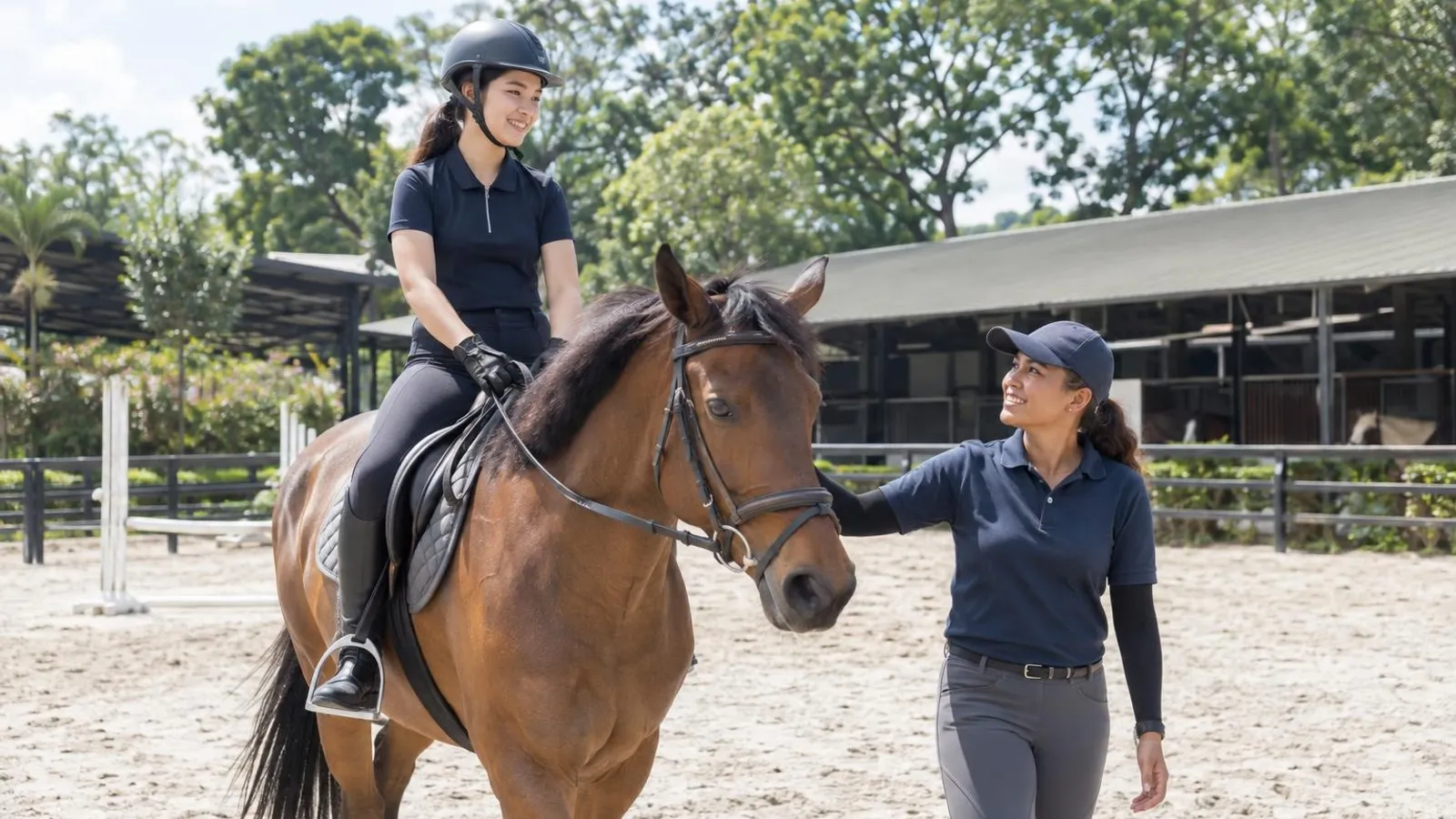 A young rider on a brown horse in an outdoor riding arena with an instructor beside her