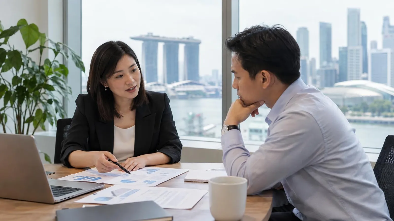 An HR consultant advising a business client with charts and reports in a Singapore office