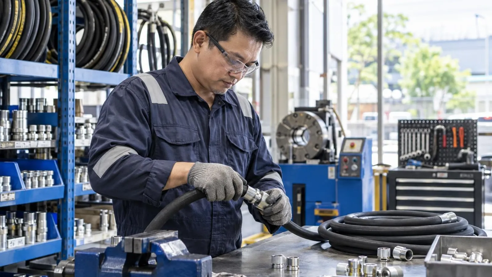A technician assembling a hydraulic hose fitting at a clean workbench