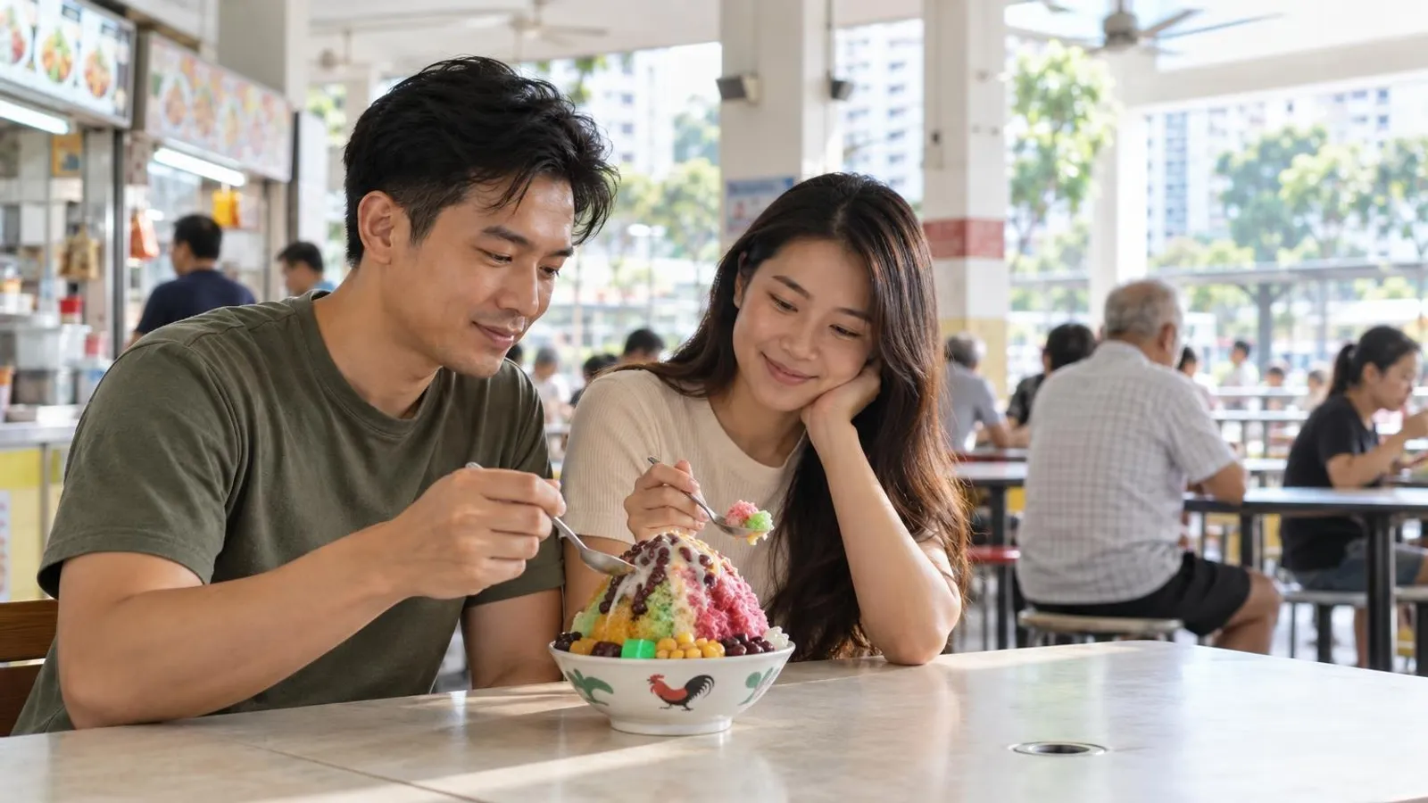 A colourful mountain of ice kachang shaved-ice dessert with red beans, jelly and syrups in a bowl at a bright Singapore hawker centre