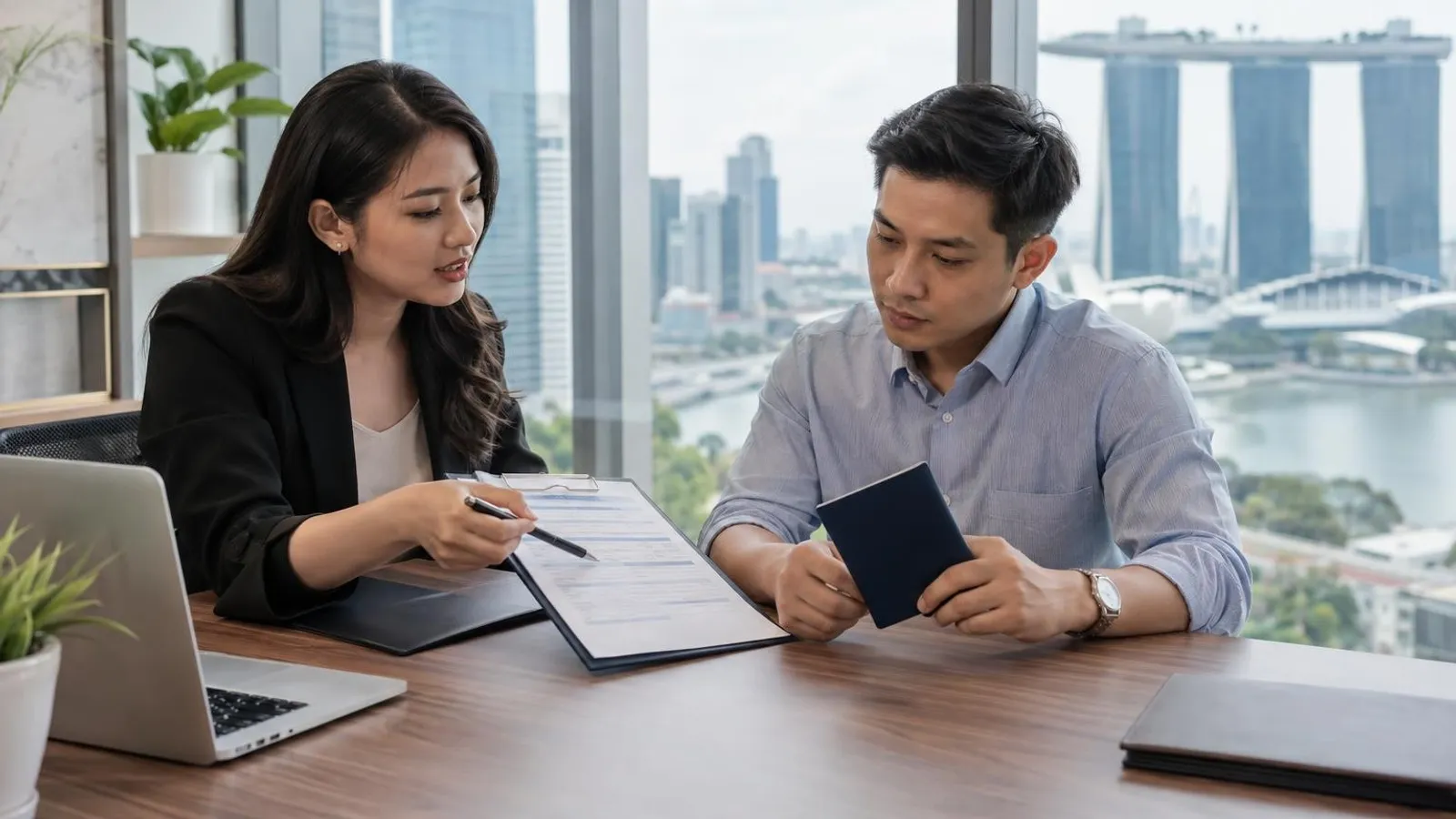 An immigration consultant guiding a client through a work pass application and passport in Singapore