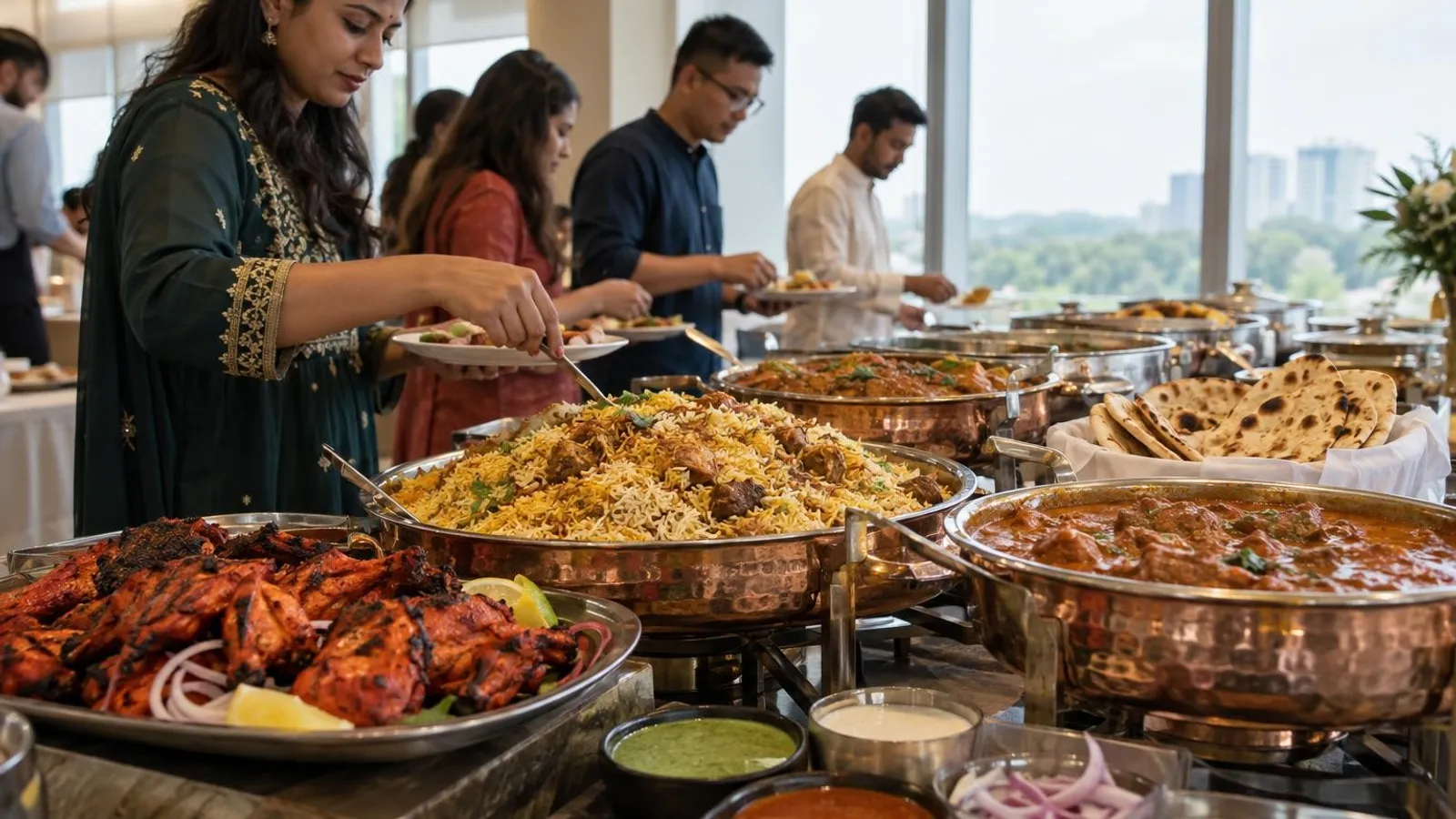 An Indian catering buffet of biryani, tandoori chicken and curries in copper vessels in Singapore