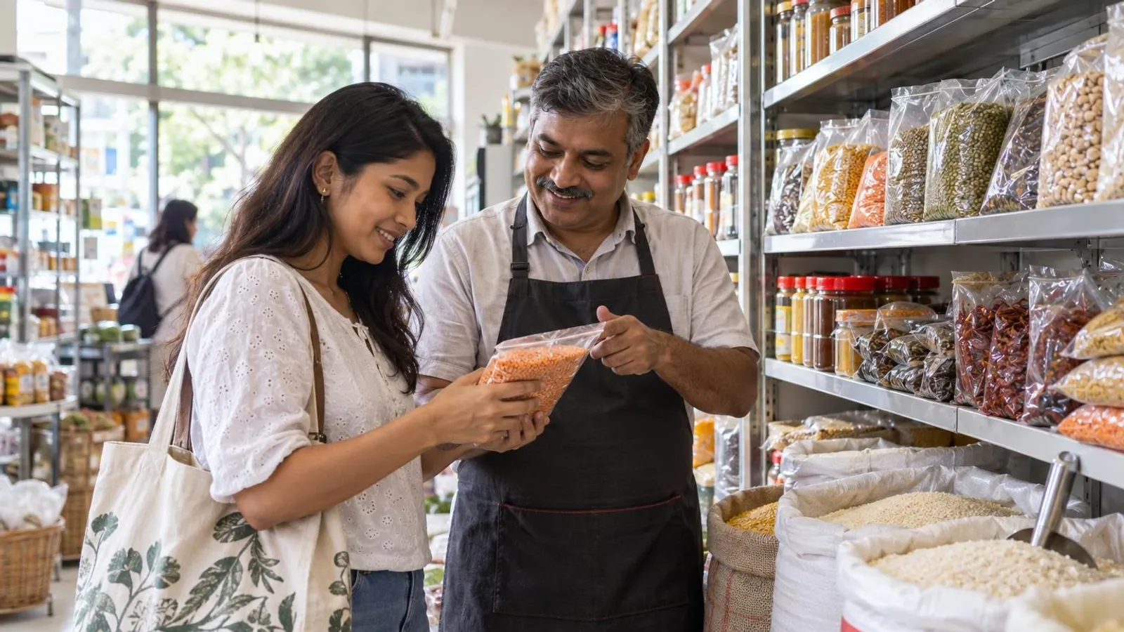 Indian Grocery Stores: a customer and a provider in a bright, modern setting