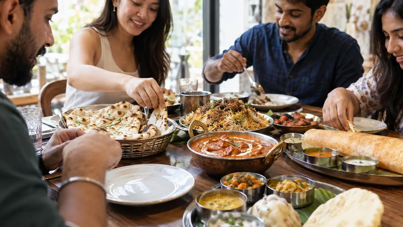 An Indian feast of curries, biryani and naan at a restaurant in Singapore