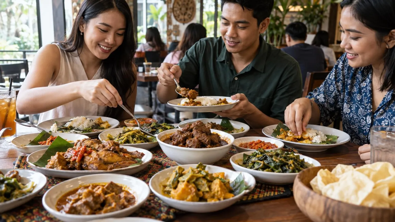 An Indonesian nasi padang spread with rendang, sambal and steamed rice at a Singapore restaurant