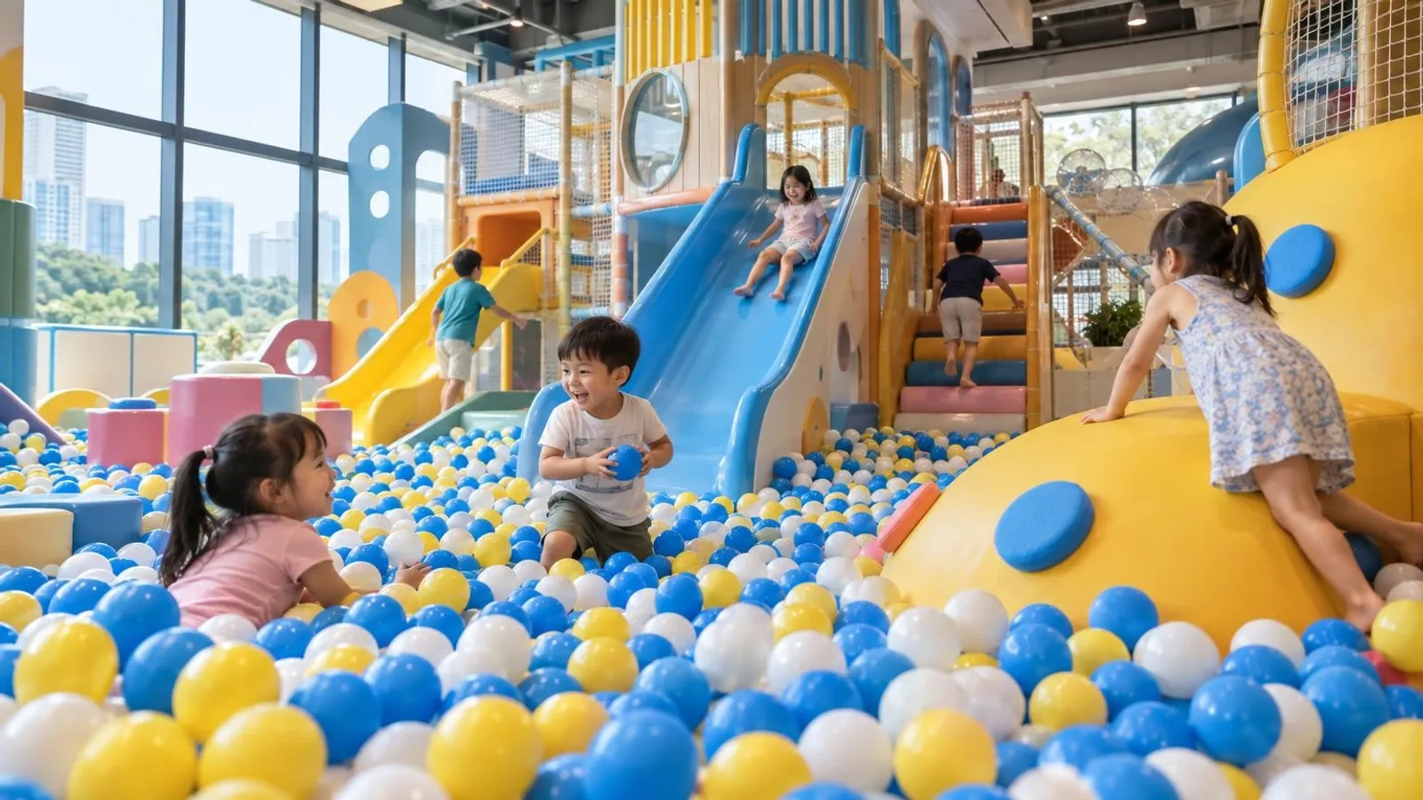 Children playing in a colourful indoor playground ball pit in Singapore