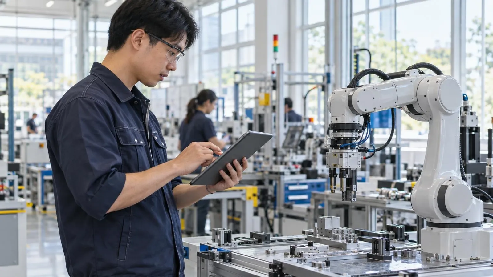 An engineer programming a small industrial robot arm with a tablet on a bright clean factory floor