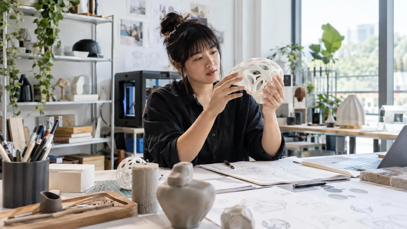A product designer holding a freshly 3D-printed prototype beside sketches and clay models on a bright studio table