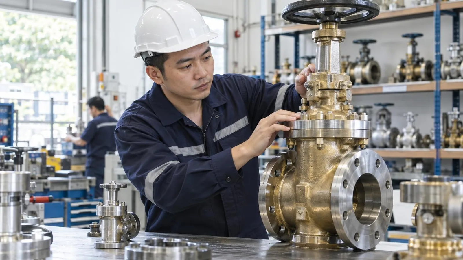 An engineer in a hard hat inspecting a large industrial valve in a workshop
