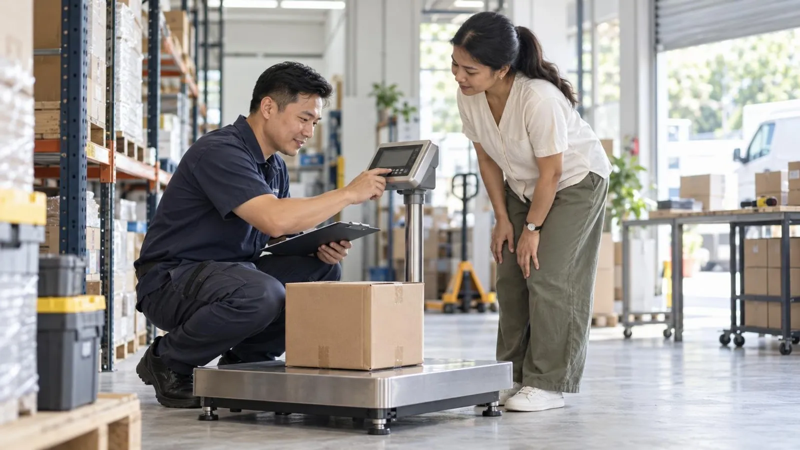 Industrial Weighing Scale Suppliers: a customer and a provider in a bright, modern setting