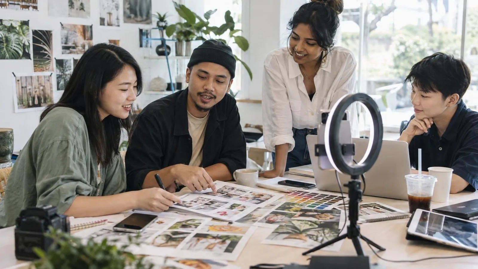 A small marketing team planning a social media campaign around a bright table with phones, a ring light and mood boards