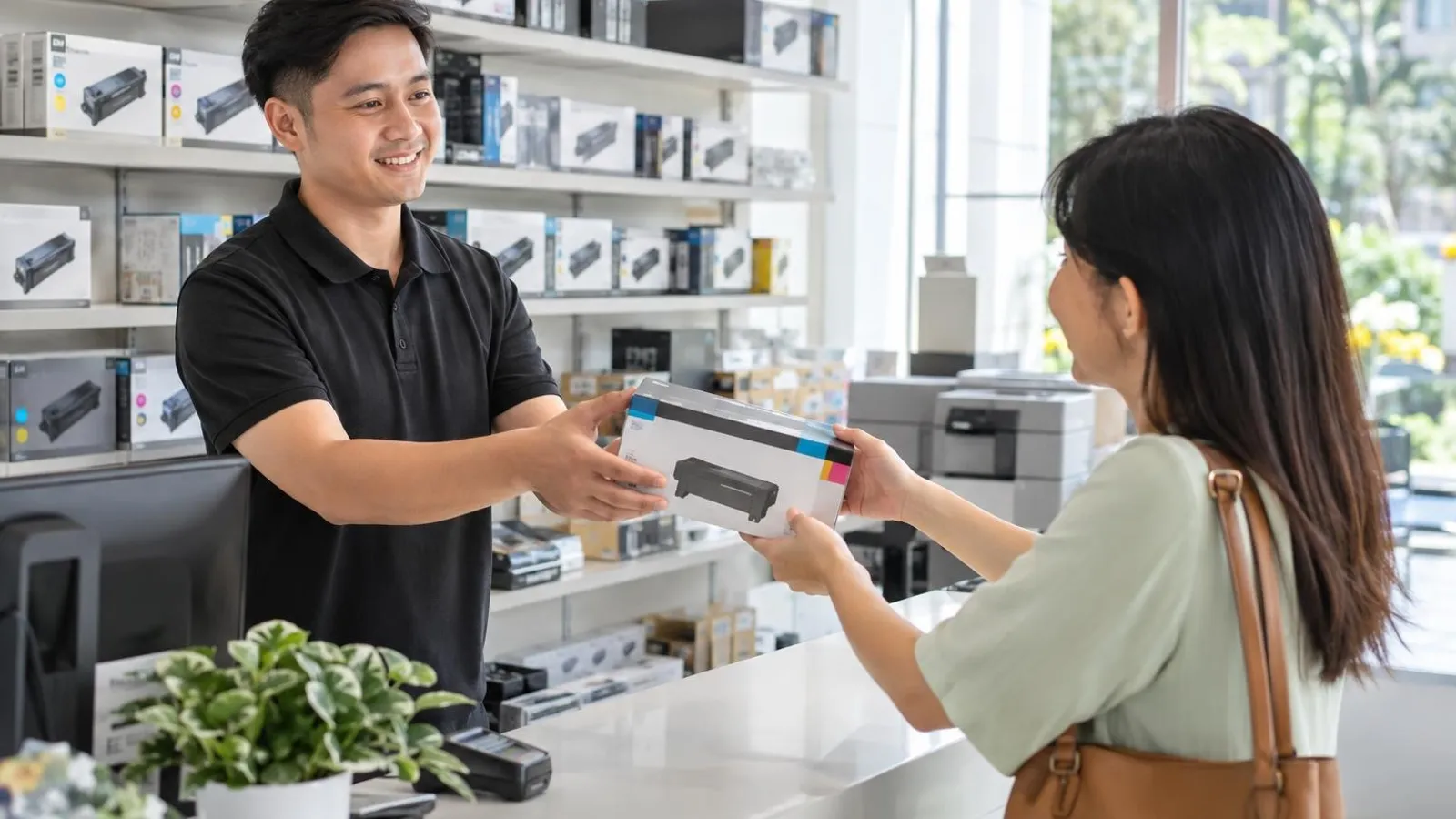 A shop assistant handing a customer a boxed printer cartridge across a bright clean counter