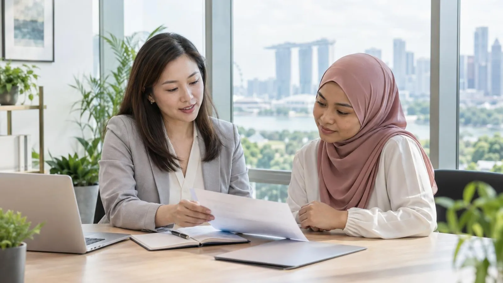 An insurance adviser and a client reviewing a document together at a bright meeting table