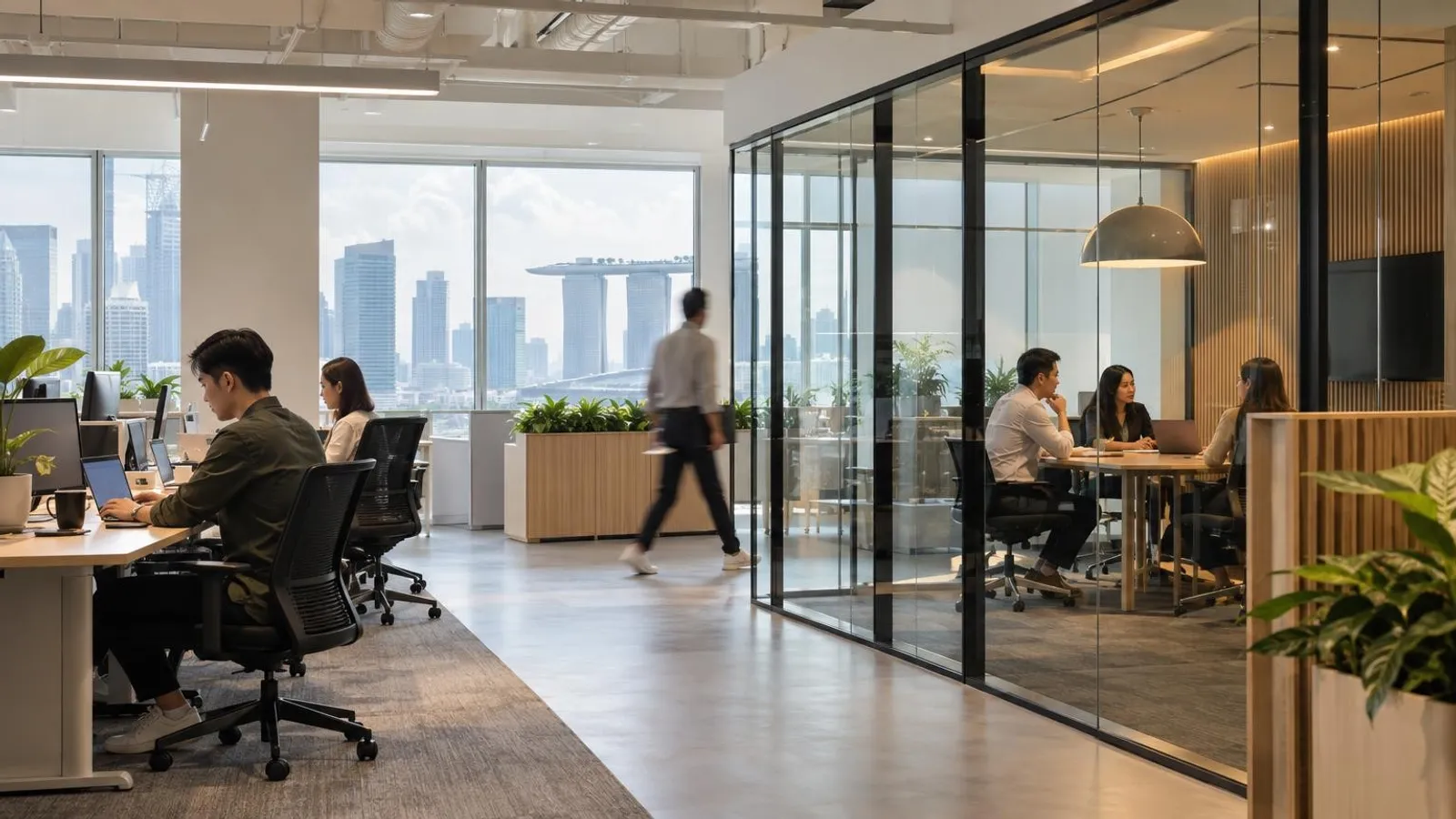 A sleek, newly fitted-out modern Singapore office interior with workstations and a glass meeting room