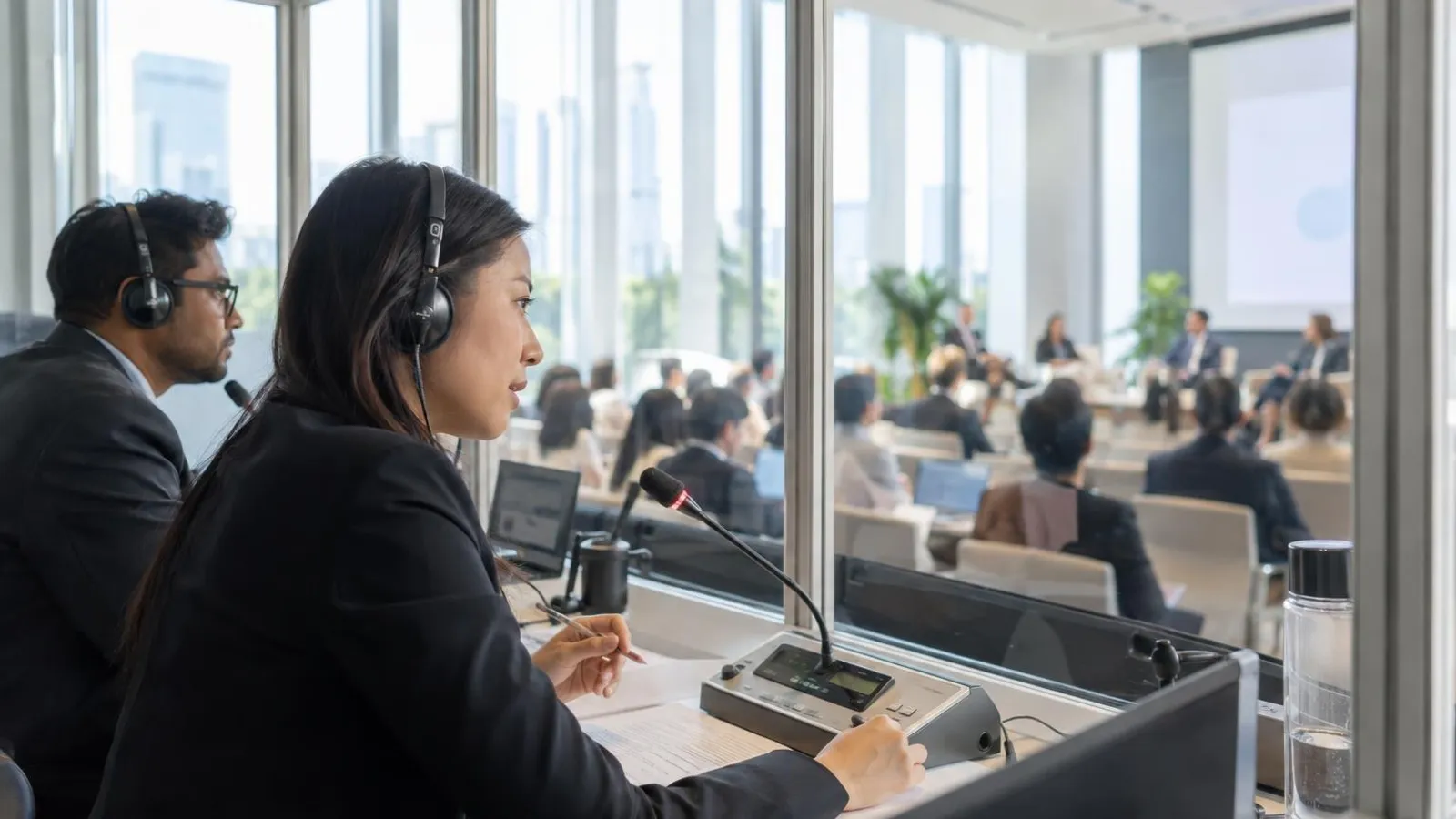 Conference interpreters wearing headsets inside an interpreter booth